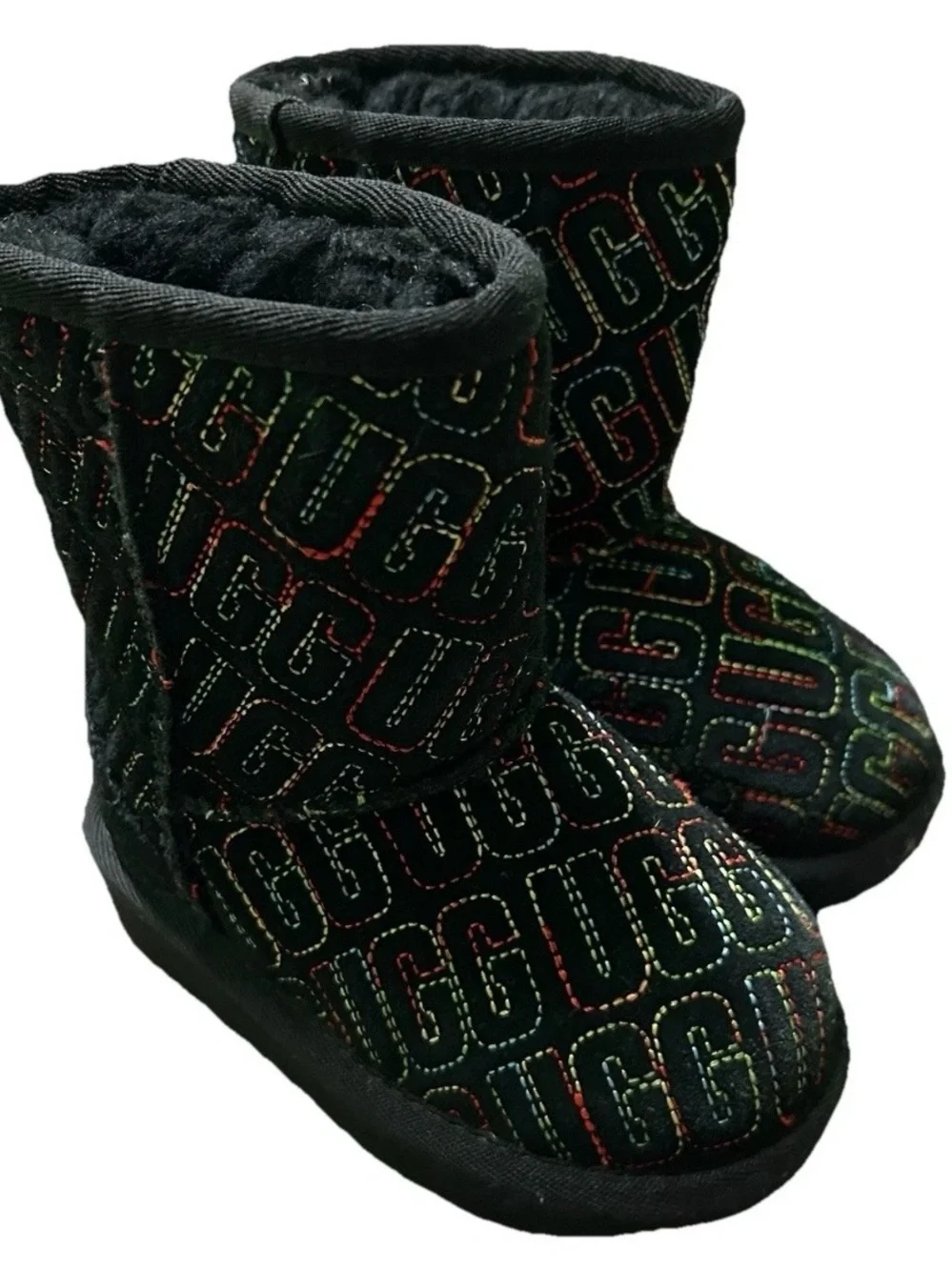 Toddler Girl Black Ugg Boots Embroidered All Over Logo Size 6 Winter
